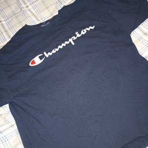 Champion Navy Blue Short Sleeve Tee with White Logo and Red Accent
